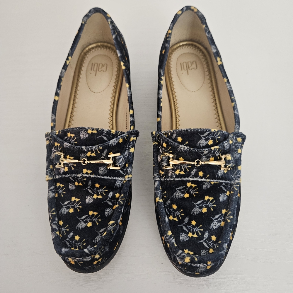 NWOT‎ CAbi Carnaby Floral Velvet Horsebit Loafers Style 6005 Navy Yellow 8